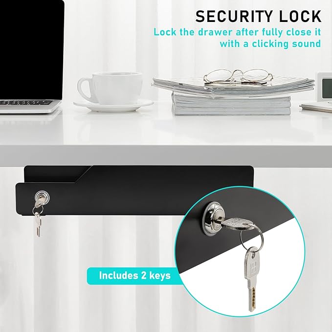 Under Desk Drawer with Lock, 16" W x 11.8" D x 6.3" H Slide Out Mounted Pull-Out Add On Drawer Lockable Storage Black