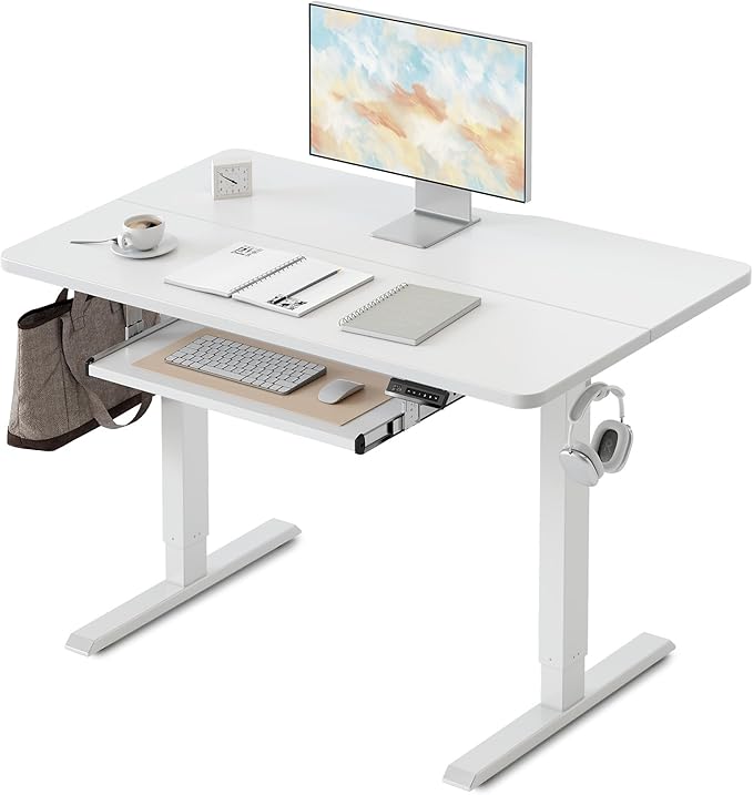 FEZIBO Standing Desk with Keyboard Tray, 40 x 24 Inch Adjustable Height Sit Stand Desk with Memory Presets for Home Office, Ergonomic Computer Workstation, White