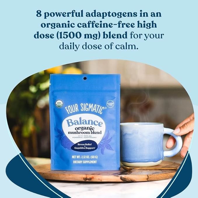 Four Sigmatic Calm Mushroom Blend | Adaptogen Supplement with Ashwagandha, Reishi, Tulsi, Cordyceps, Chaga, Rose HIPS, and More | Natural Stress Relief and Immune Support Supplement | 30 Servings