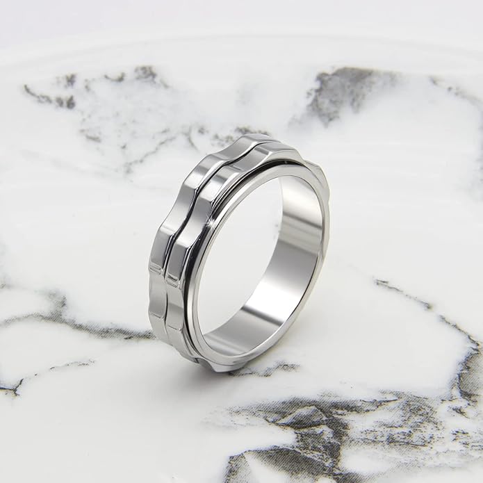 Fidget Rings For Anxiety For Women, Spinning Anxiety Ring Stainless Steel Fidgets Two Gear Fidget Ring High Polish Anxiety Ring for Women Men Wedding Band Gifts Jewelry Size 6-10