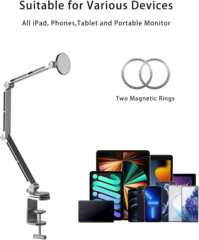 Magnetic Tablet Stand for Desk Aluminum Alloy Phone iPad Desk Holder Overhead Arm Mount with 360°Rotate Base for Magsafe/iPhone/Android/iPad (Magnetic Silver)