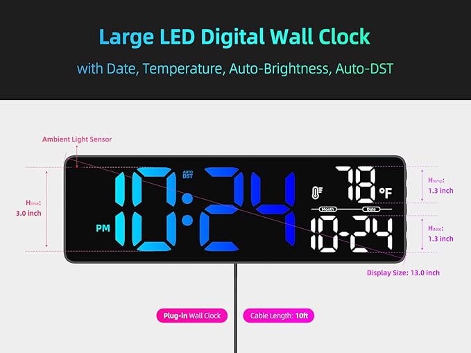Large LED Digital Wall Clock with Date, Temperature, Auto-Brightness, Auto-DST | Big Digital Clock for Bedroom, Desk, Classroom, Living Room, Kitchen, Office, Gym, Farmhouse, Xmas Gift for Seniors