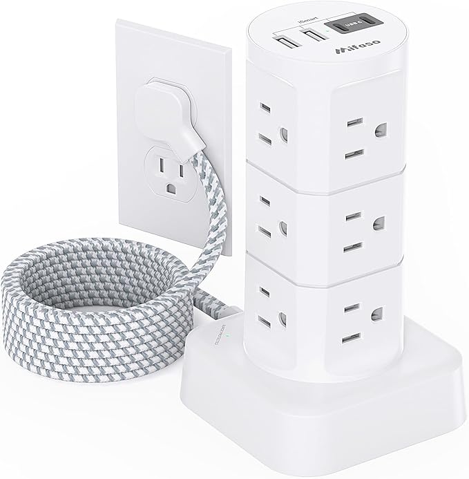Power Strip Tower, PD20W Charging Station Desk Accessories, Flat Plug, 12 Outlets 4 USB Ports, 1080J Surge Protection, 6Ft Extension Cord with Multiple Outlets, Office Supplies, Dorm Room Essentials