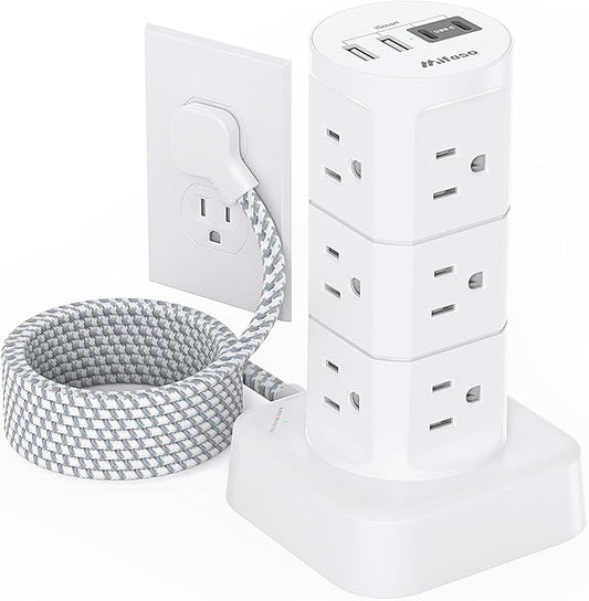 Power Strip Tower, PD20W Charging Station Desk Accessories, Flat Plug, 12 Outlets 4 USB Ports, 1080J Surge Protection, 6Ft Extension Cord with Multiple Outlets, Office Supplies, Dorm Room Essentials