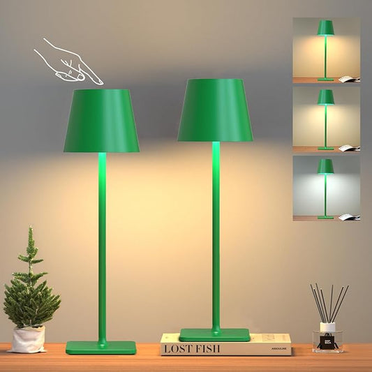 Green Cordless Table Lamp Set of 2-3 Color Stepless and Dimmable - for Restaurant Dining Bedroom Home Bar