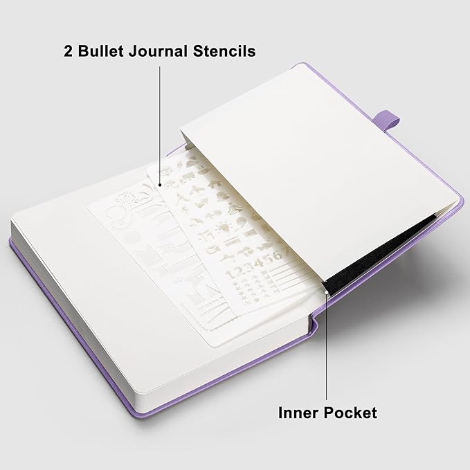 RETTACY Bullet Dotted Journal Notebook, 320 Numbered Pages, A5 Medium Size (5.7'' × 8.3''), Leather Hardcover, 100 GSM Thick Paper, for Bullet Journaling, Planning, Tracking (Purple)