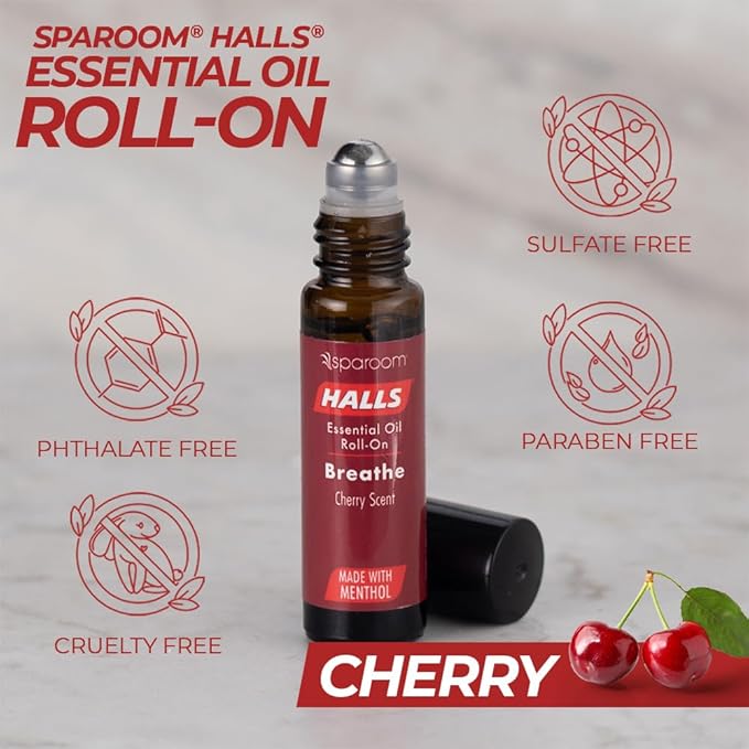 Halls Breathe Essential Oil Roll On Cherry – Menthol-Infused Aromatherapy Blend for Focus and Tension, Travel-Friendly Relaxation Support with Natural Botanical Oils, 10mL Precision Applicator