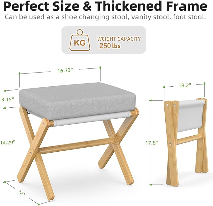 Foldable Foot Stool Ottoman, Modern Foot Rest with Bamboo X Legs & Thick Foam Cushion, Folding Foot Stools Small Padded for Bedroom Living Room, Makeup Vanity Stool Chair (Natural - Grey)