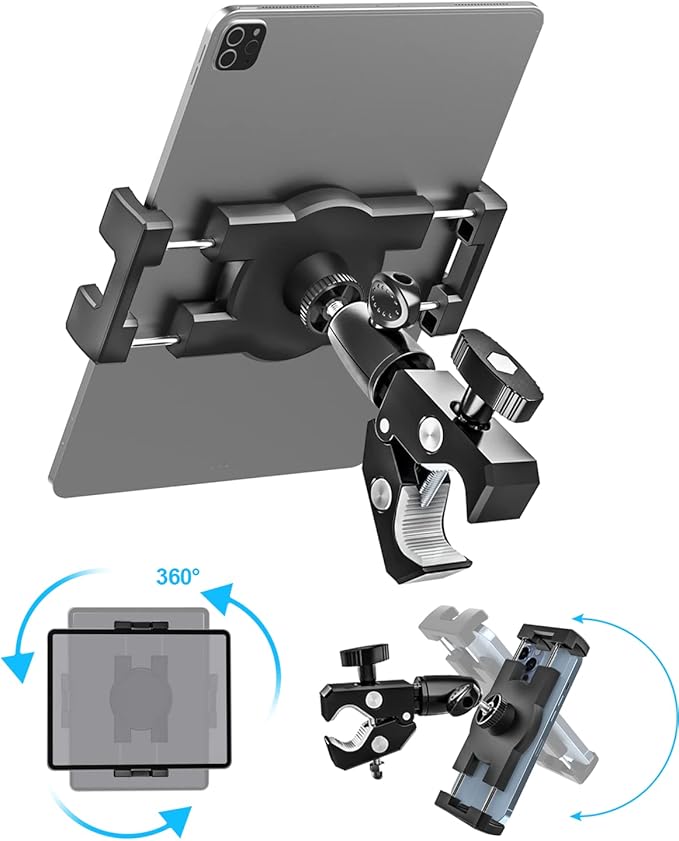 woleyi Aluminum Bike Tablet Mount Camera Clamp, Handlebar Tablet Holder for Motorcycle, Bicycle, Scooter, Stroller, Golf cart, Wheelchair for iPad Pro, Air, Mini, Galaxy, Fire, iPhone, 4.7-13" Devices