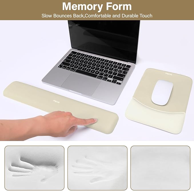 MOSISO Wrist Rest Support for Mouse Pad&Keyboard Set, Rectangular Ergonomic Mousepad Non-Slip Base Home/Office Pain Relief&Easy Typing Pad with Neoprene Cloth&Raised Curved Memory Foam, Khaki