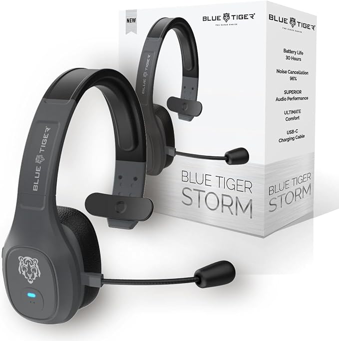 Blue Tiger Storm Gray - Premium Trucker Bluetooth Headset - Wireless Noise Canceling Mono Headset with Mic - High-Fidelity Sound, 30-Hour Talk Time, USB-C Charging - for Truck Drivers, Bluetooth 5.0