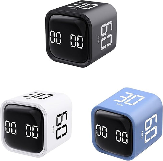 Productivity Timer Flip Gravity Sensor Cube Timer Countdown & Countup,Mute & Vibrate & Sound，5/10/30/60min & Custom Timing, Perfect for ADHD,Work,Learning,Kitchen Cooking (3, Black+White+Blue)