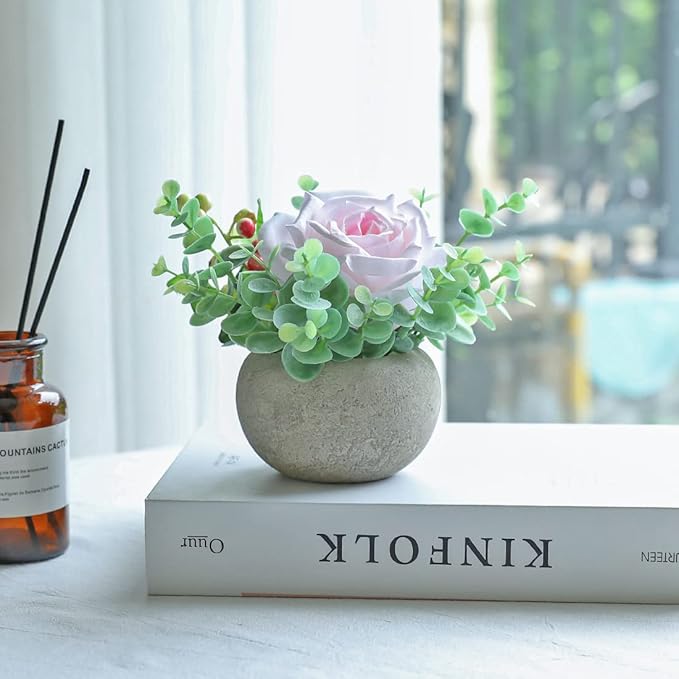 Artificial Flowers Kit with Pot, Combination of Fake Silk Light Pink Roses and Greenery,Small Plant Potted Decor for Offices,Bookshelf,Bedroom, Living Room,Party,Wedding Decorations