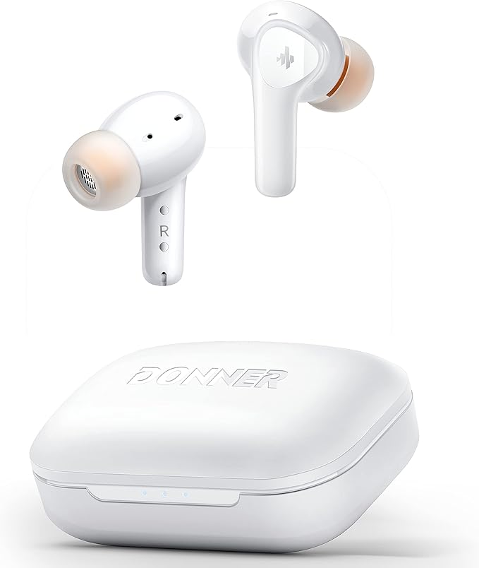 Donner Wireless Earbuds Noise Cancelling, Bluetooth 5.2 Earphones with 5 x EarTips, 4 Mic Clear Calls, 12mm Drivers, App for Custom EQ, 32H Playtime, Fast Charging, Transparency - Dobuds ONE,White