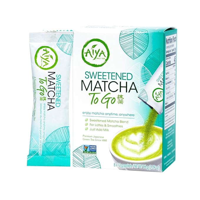 Aiya Japanese Sweetened Matcha Powder to Go Sticks - Ceremonial Grade, Vegan-Friendly, Gluten-Free - 8 Individually Packed Single-Serving Sticks for Freshness and Convenience