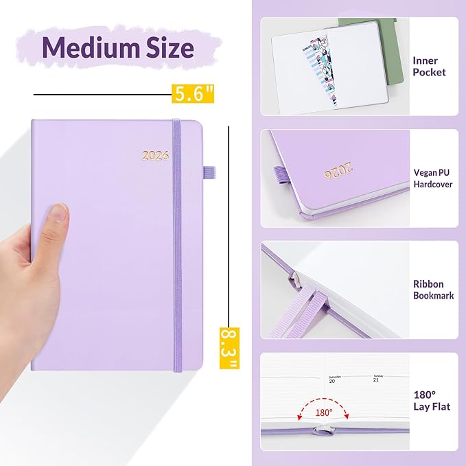 SUNEE 2026 Weekly & Monthly Hardcover Planner 5.5" x 8.3" - 12 Month (January 2026 - December 2026), Small Hardcover Planner, Pocket, Notes, 100 GSM Paper, Purple