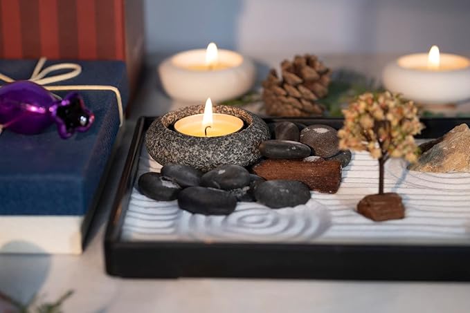 Handmade Zen Garden Pebbles Candle Holder Set with Zen Garden Tools, Sand, Base Tray and Free Accessories