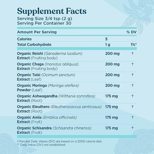 Four Sigmatic Calm Mushroom Blend | Adaptogen Supplement with Ashwagandha, Reishi, Tulsi, Cordyceps, Chaga, Rose HIPS, and More | Natural Stress Relief and Immune Support Supplement | 30 Servings