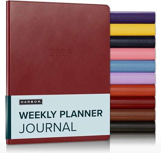Harbor Weekly Journal Notebook Planner 2025-2026 - Lined, Durable Faux Leather, Softcover, 176 Quality Pages, For Men and Women, For Writing, Work & Travel, Cambridge Red - 9x7"