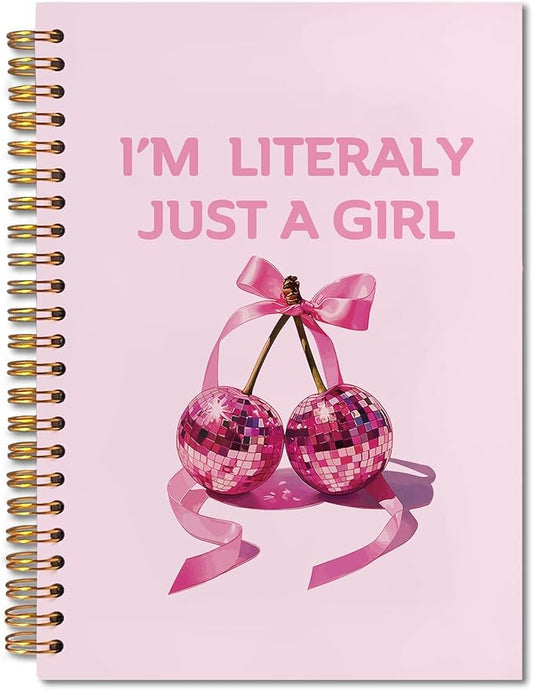 I'm Literally Just a Girl Pink Coquette Cherry Bow Spiral Notebook 5.5x8.3, Preppy Girly Journal for Women, Pink Office Supplies, Aesthetic Notebooks for Note Taking