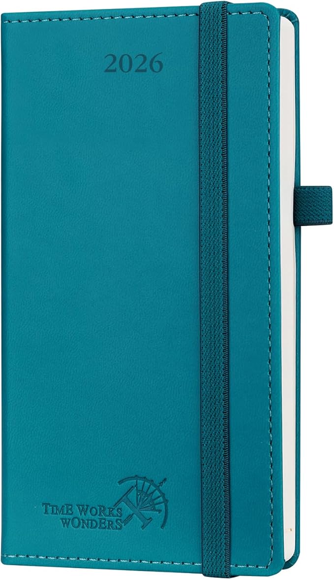 POPRUN Pocket Calendar 2026 (Slim Size-3.5'' x 6.5''), 12 Months (Jan. - Dec. 2026) Small Planner Weekly and Monthly for Purse with Pen Holder, Storage Pocket, Vegan Leather Hardcover - Pacific Green