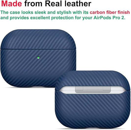 LOPIE Leather Case for AirPods Pro 2nd Generation - Handmade AirPods Pro 2 Case Cover - Made of Real Leather - Protective Hard Shell Cover - Carbon Fiber Style - Wireless Charging Compatible - Blue