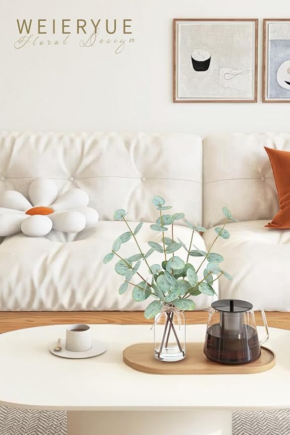 Artificial Eucalyptus Stems in Glass Vase with Faux Water,Artificial Plants Eucalyptus Leaves for Shelf Desk Bathroom Farmhouse Room Coffee Table Home Decor, Central Decoration.