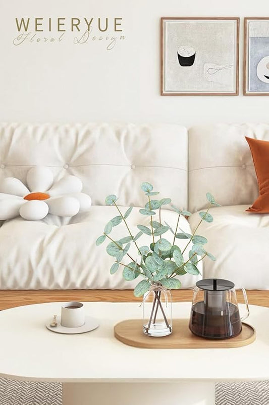 Artificial Eucalyptus Stems in Glass Vase with Faux Water,Artificial Plants Eucalyptus Leaves for Shelf Desk Bathroom Farmhouse Room Coffee Table Home Decor, Central Decoration.