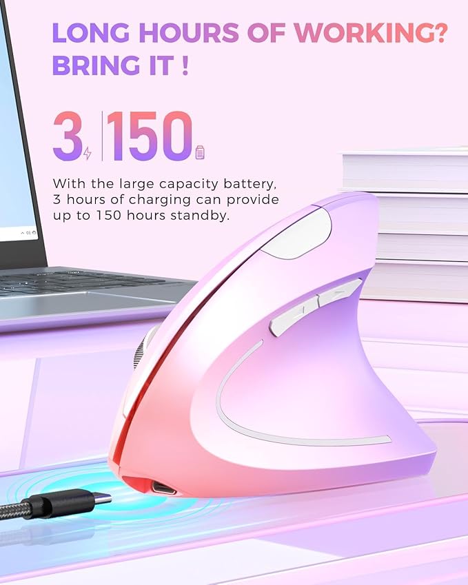 Lekvey Ergonomic Mouse, Vertical Wireless Mouse Rechargeable 2.4 GHz Optical Carpal Tunnel Mouse : 800/1200 / 1600 DPI, 6 Buttons, for Laptop, PC, Computer, Desktop, Notebook etc, Pink to Purple