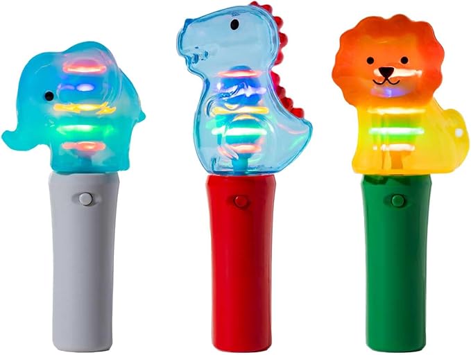 Cool Things Mini Light Up Spinner Toy Wand for Kids - Spinning Lights & Colors - Fun Gift, Summer Toys, Party Entertainment, Autism Sensory Rooms, Classroom Prizes (3 Pack- Safari Friends)