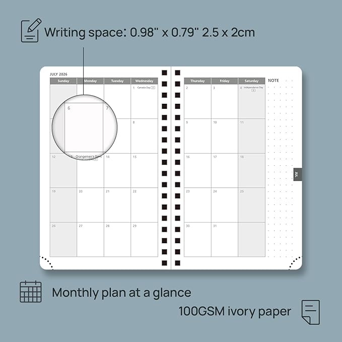 POPRUN 2026 Pocket Planner, (Small Size-4'' x 6.25'') - Daily Weekly and Monthly Calendar Agenda 2026 Appointment Book with Monthly Tabs, Spiral Soft Cover, Inner Pocket, 100 GSM - Pacific Green