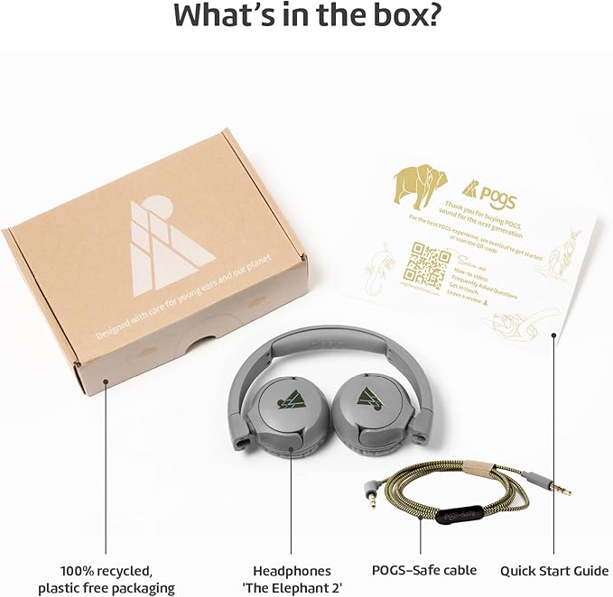 POGS Kids Wired Headphones | The Elephant 2 | Adjustable, Durable Headphones for Kids 3+ | Limited to 85 dB, Microphone | On-Ear | Music-Sharing Function Safe 3.5mm Audio Cable (3.2ft) (rGrey)