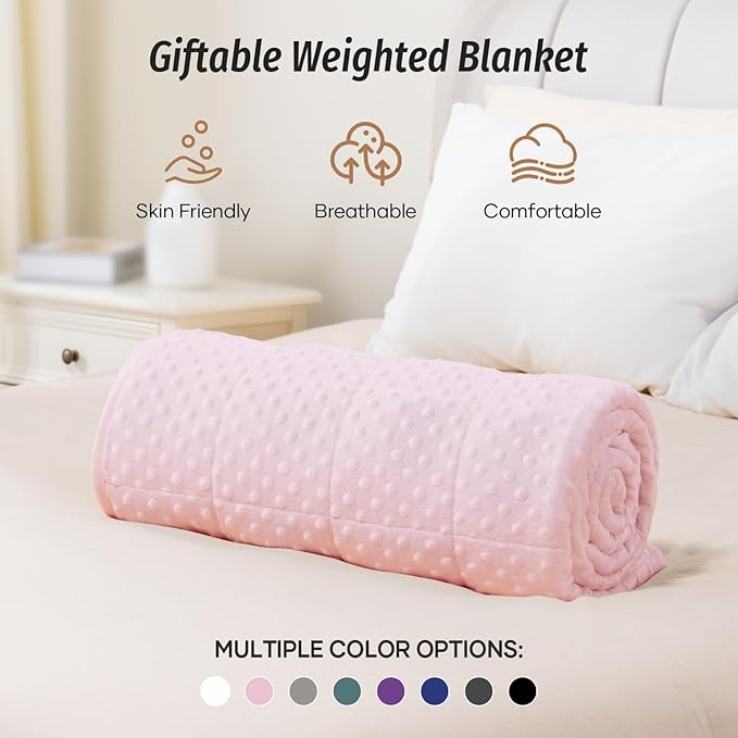 Wemore Minky Dot Weighted Blanket for Adults Twin Size 15 lbs, Soft Cozy Heavy Blanket for Stress Relief and Sleep Promotion, Breathable Blanket for All-Season with Glass Beads, Pink 48 x 72 inches