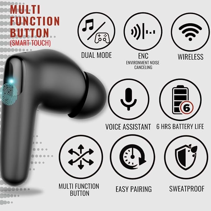 T-90 BoomSounZ Sweatproof Wireless Earbuds – ENC Noise Cancelling Ear buds with Dual Mode for Music & Gaming, Deep Bass Touch Controls, Fast Charging Long Battery Life, Secure Fit for Workouts & Calls
