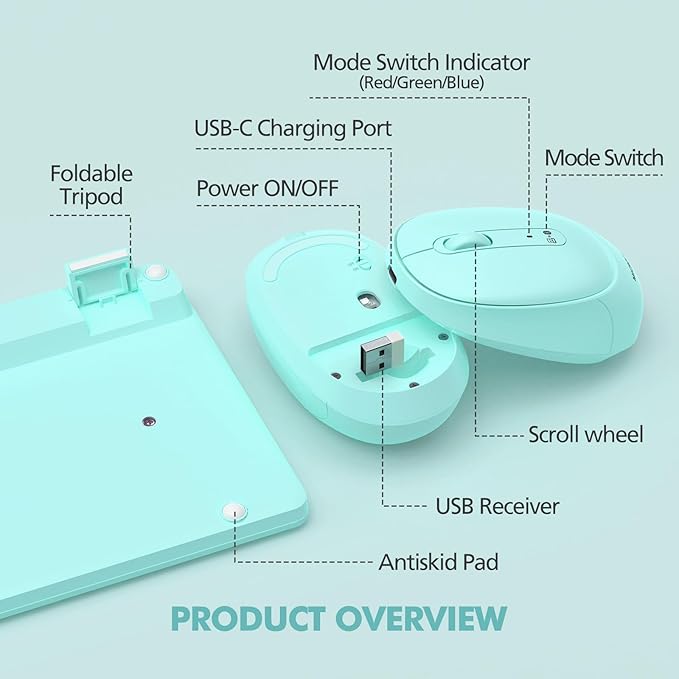 Teal Wireless Keyboard and Mouse Combo for Desktop Mac iPad Bluetooth 2.4 Ghz Rechargeable Slim Silent Click with Number Pad Compatible with Pc, Laptop, Tablet (Green)