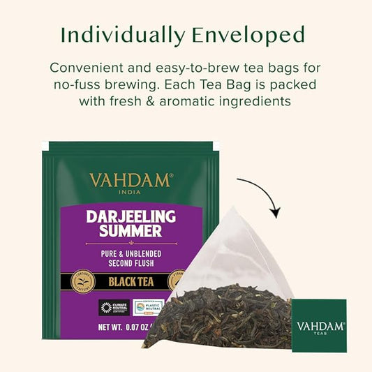 VAHDAM, Darjeeling Black Tea Bags (100 Count) High Caffeine, Non GMO, Gluten Free | Smooth & Sweet Tea With Distinguished Fruity Notes | Full Bodied