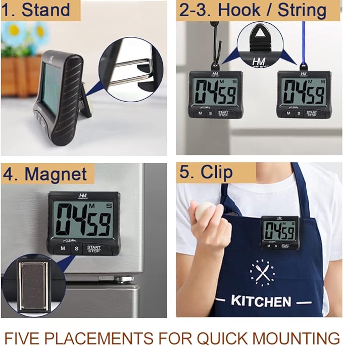 3" Large Display Kitchen Timer - Digital Timer Magnetic Back Loud Alarm On A Rope- Black Cooking Timers For Kitchen Teachers Students Games Kids Meetings -Sports Timers For Workouts Exercise