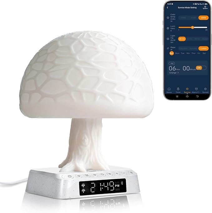 Sunrise Alarm Clock lamp APP Control Bioclock Adjustment Light Therapy Happy Mood Desk lamp Mushroom Tree Table Lamp Wake up Nightstand lamp Built-in Natural Ambient White Noise