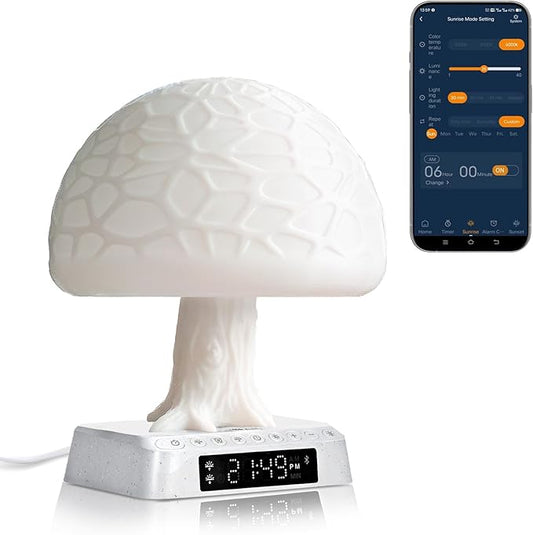 Sunrise Alarm Clock lamp APP Control Bioclock Adjustment Light Therapy Happy Mood Desk lamp Mushroom Tree Table Lamp Wake up Nightstand lamp Built-in Natural Ambient White Noise
