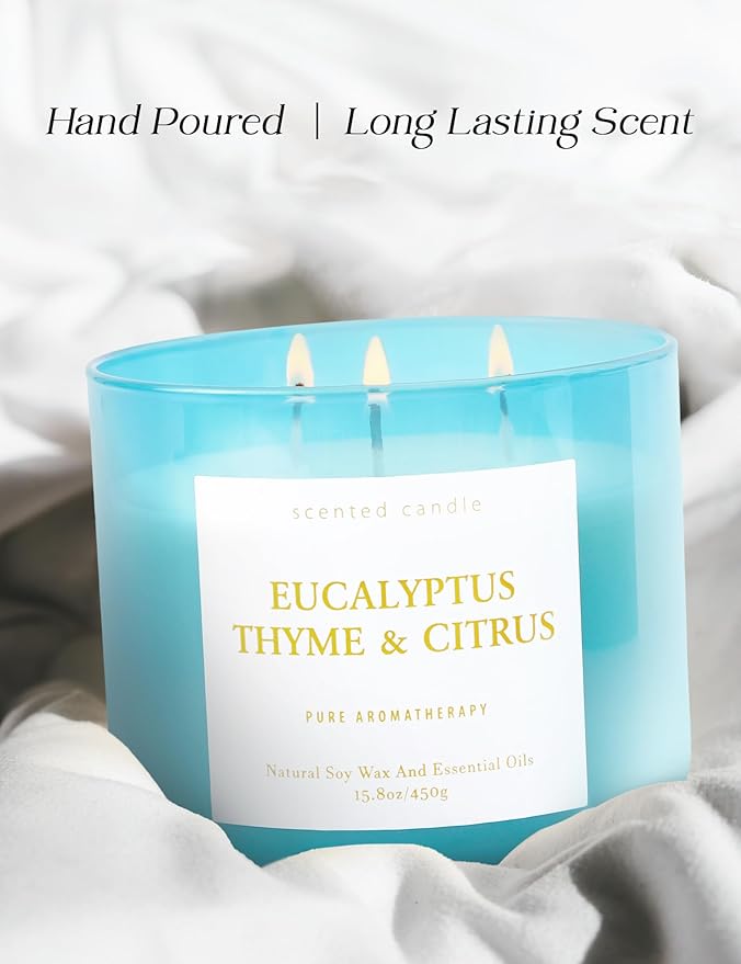 Eucalyptus Thyme Citrus Scented Candle - Large 3 Wick Soy Candle 15.8 oz - Aromatherapy Candle for Relaxation & Stress Relief - Calming Herbal Spa Scent - Long Lasting Candles for Women & Men