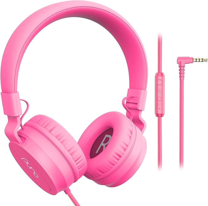 Puro Sound Labs PuroBasic Kid Headphones with Cord - Volume-Limiting & Adjustable with Microphone – Compatible with Smartphones, Tablets, PCs, and More – Safe, Durable Headphones for Kids – Pink