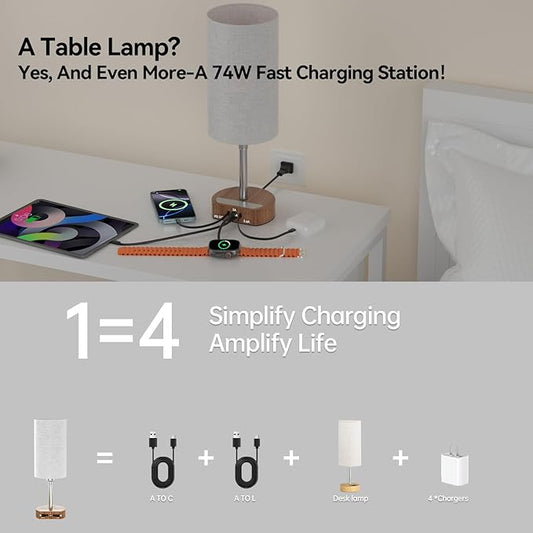 Bedside Lamp with Retractable Charging Cords, 74W Fast Charging Nightstand Lamp, 3-Way Dimmable Touch Lamp with LED Bulb, 4 in 1 Charging Station for iPhone, iPad, Desk, Office