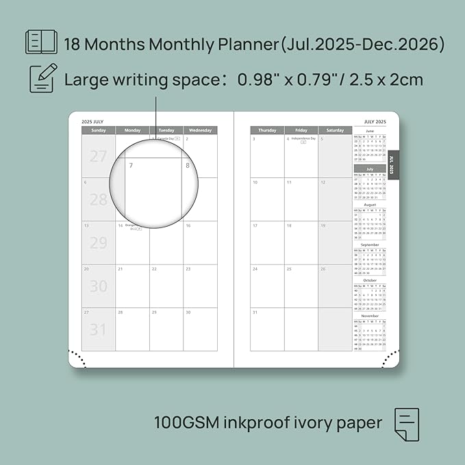 POPRUN Pocket Monthly Planner 2025-2026 (Pocket- 4''x 6.25''Soft Leather Cover) - 18 Month Calendar Book for Purse (Jul.2025-Dec.2026), 100 GSM Thick Paper - Green