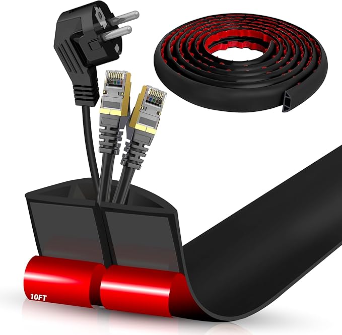 Floor Cord Cover Self Adhesive Cord Hider,10FT Cable Management, Extension Strip Protector for Wires, Prevent Cable Trips for Offices, Gyms, Exhibitions Cavity:0.51"(W) x 0.3"(H) Black
