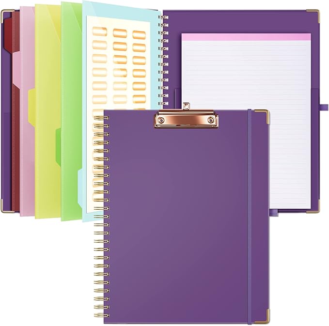 Ospelelf Clipboard with Storage 8.5 X 11，Padfolio Organizer, Spiral Portfolio Letter Size with Notepad, Pen Holder, 5 Extra Folder Divider Pages, Elastic Closure Nurse Office Essentials (Purple)