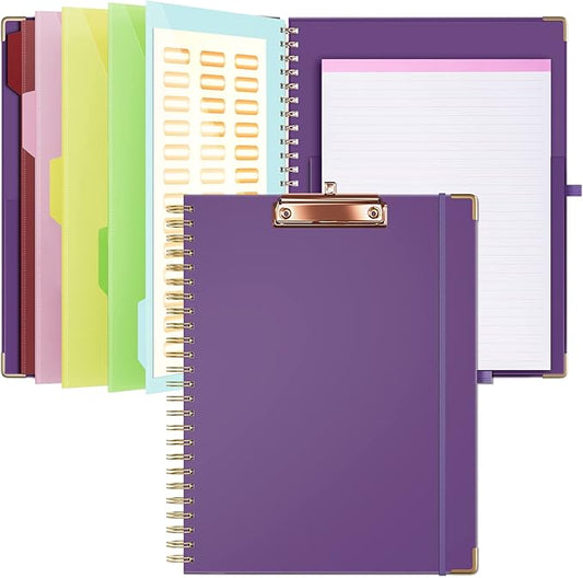 Ospelelf Clipboard with Storage 8.5 X 11，Padfolio Organizer, Spiral Portfolio Letter Size with Notepad, Pen Holder, 5 Extra Folder Divider Pages, Elastic Closure Nurse Office Essentials (Purple)