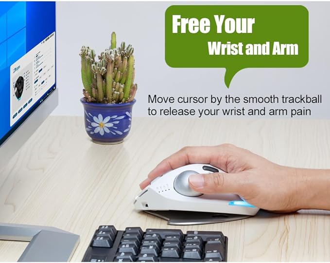 zelotes Wireless Trackball Mouse,Bluetooth Mouse,Rechargeable,4800 DPI, 2-in-1(BT 5.0/3.0+2.4GHz USB Receiver), 8 Buttons,Ergonomic Design,LED Lighting,for Laptop, PC, Pad,White