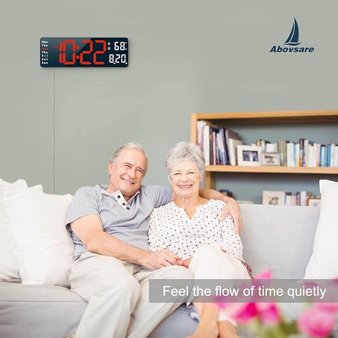 Digital Clock, Digital Wall Clock for Living Room Decor, Desk Alarm Clock for Bedroom, Large Wall Clock with Remote Control, Automatic Brightness Dimmer LED Clock with Date Temperature Week (Red-B)