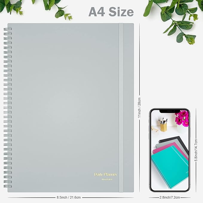 Planner Undated, Asten Daily Planner Agenda with to Do List, Hourly Schedules for Women and Men, Spiral Appointment Book with Elastic Closure, Inner Pocket 8.5" x 11" (Gray)