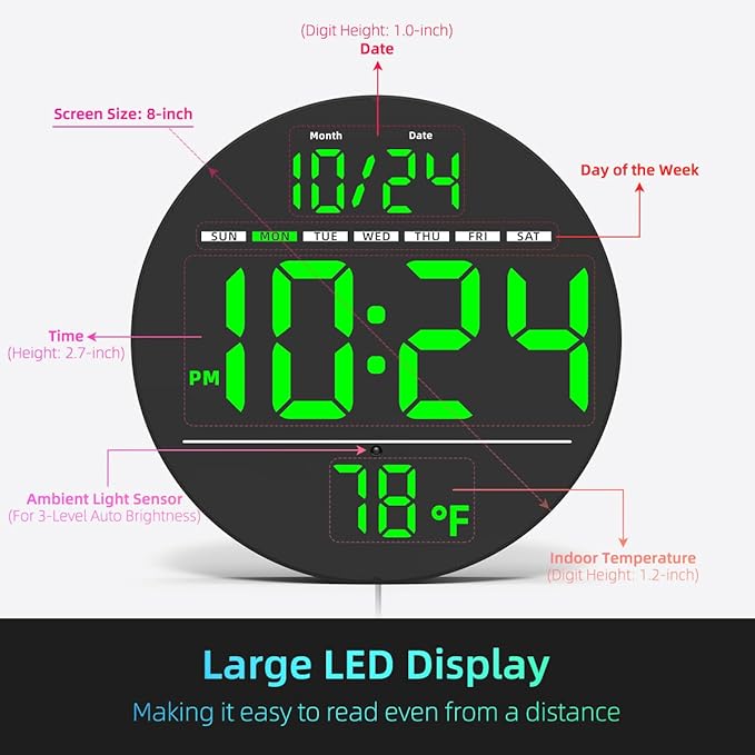 Digital Wall Clock with Large LED Display, Date, Temperature, Auto-Brightness | Small [PLUG-IN] Clock | Modern Electric Wall Clock for Bedroom, Classroom, Living Room, Home, Office, Farmhouse – Green